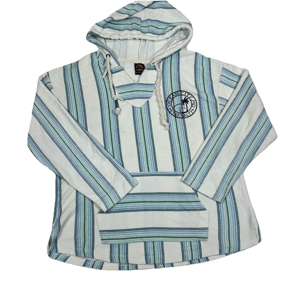 Sunsations Ocean City MD Baja Hoodie Stay Salty Striped LS Pullover Beach Large